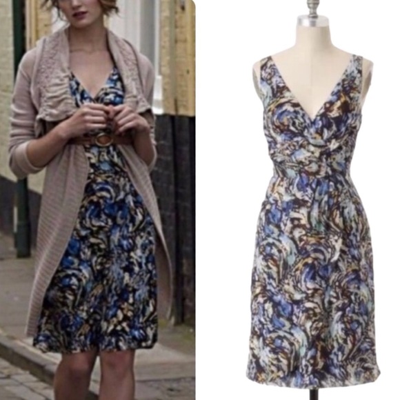 Anthropologie Moulinette Soeurs Silk Oak Apple Blue Faux Wrap Midi Dress - 12 - Picture 1 of 14